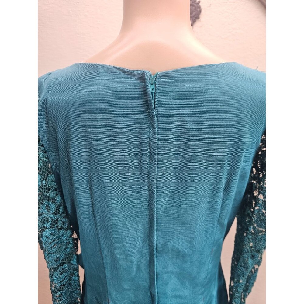 Vintage 80s Evening Dress Medium Teal Modest Full Skirt - Picture 6 of 7
